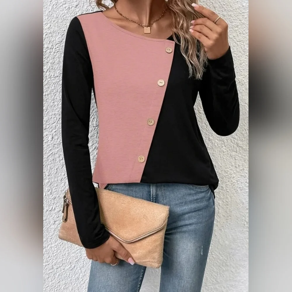 SHEIN Two Tone Button Detail Tee Size L UK 12 - Picture 3 of 6